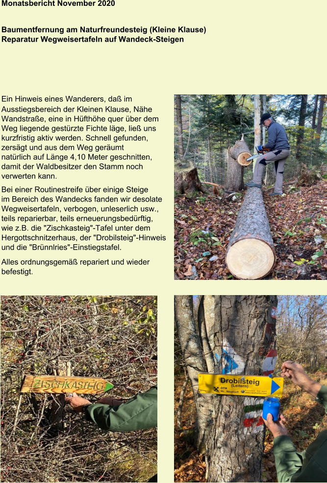 Monatsbericht November 2020   Baumentfernung am Naturfreundesteig (Kleine Klause) Reparatur Wegweisertafeln auf Wandeck-Steigen Ein Hinweis eines Wanderers, daß im  Ausstiegsbereich der Kleinen Klause, Nähe Wandstraße, eine in Hüfthöhe quer über dem Weg liegende gestürzte Fichte läge, ließ uns kurzfristig aktiv werden. Schnell gefunden, zersägt und aus dem Weg geräumt natürlich auf Länge 4,10 Meter geschnitten, damit der Waldbesitzer den Stamm noch verwerten kann. Bei einer Routinestreife über einige Steige im Bereich des Wandecks fanden wir desolate Wegweisertafeln, verbogen, unleserlich usw., teils reparierbar, teils erneuerungsbedürftig, wie z.B. die "Zischkasteig"-Tafel unter dem Hergottschnitzerhaus, der "Drobilsteig"-Hinweis und die "Brünnlries"-Einstiegstafel. Alles ordnungsgemäß repariert und wieder befestigt.