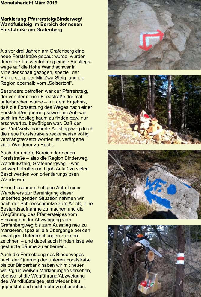 Monatsbericht März 2019   Markierung Pfarrersteig/Binderweg/ Wandfußsteig im Bereich der neuen Forststraße am Grafenberg    Als vor drei Jahren am Grafenberg eine neue Forststraße gebaut wurde, wurden durch die Trassenführung einige Aufstiegswege auf die Hohe Wand schwer in Mitleidenschaft gezogen, speziell der Pfarrersteig, der Mir-Zwa-Steig  und die Region oberhalb vom „Seisertoni“. Besonders betroffen war der Pfarrersteig, der von der neuen Forststraße dreimal unterbrochen wurde – mit dem Ergebnis, daß die Fortsetzung des Weges nach einer Forststraßenquerung sowohl im Auf- wie auch im Abstieg kaum zu finden bzw. nur erschwert zu bewältigen war. Daß der weiß/rot/weiß markierte Aufstiegsweg durch die neue Forststraße streckenweise völlig verdrängt/ersetzt worden ist, verärgerte viele Wanderer zu Recht. Auch der untere Bereich der neuen Forststraße – also die Region Binderweg, Wandfußsteig, Grafenbergweg – war schwer betroffen und gab Anlaß zu vielen Beschwerden von orientierungslosen Wanderern. Einen besonders heftigen Aufruf eines Wanderers zur Bereinigung dieser unbefriedigenden Situation nahmen wir nach der Schneeschmelze zum Anlaß, eine Bestandsaufnahme zu machen und die Wegführung des Pfarrersteiges vom Einstieg bei der Abzweigung vom Grafenbergweg bis zum Ausstieg neu zu markieren, speziell die Übergänge bei den jeweiligen Unterbrechungen zu kennzeichnen – und dabei auch Hindernisse wie gestürzte Bäume zu entfernen. Auch die Fortsetzung des Binderweges nach der Querung der unteren Forststraße bis zur Binderbank haben wir mit neuen weiß/grün/weißen Markierungen versehen, ebenso ist die Wegführung/Abzweigung des Wandfußsteiges jetzt wieder blau gepunktet und nicht mehr zu übersehen.