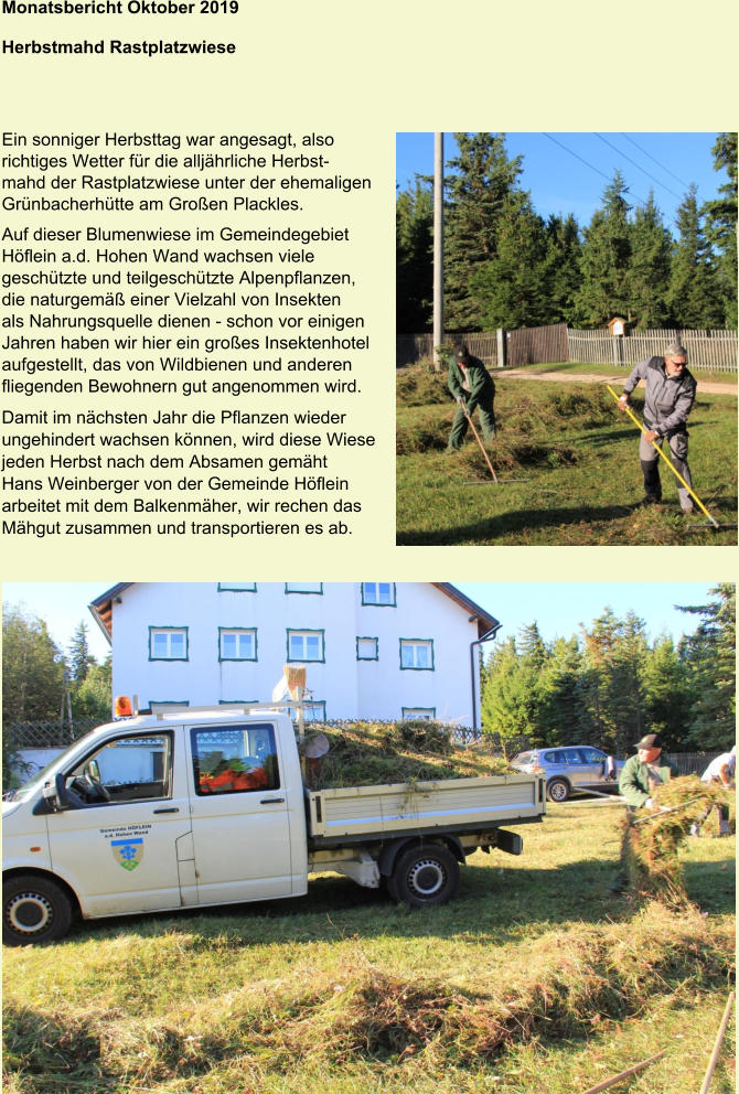 Monatsbericht Oktober 2019 Herbstmahd Rastplatzwiese Ein sonniger Herbsttag war angesagt, also richtiges Wetter für die alljährliche Herbstmahd der Rastplatzwiese unter der ehemaligen Grünbacherhütte am Großen Plackles. Auf dieser Blumenwiese im Gemeindegebiet Höflein a.d. Hohen Wand wachsen viele geschützte und teilgeschützte Alpenpflanzen, die naturgemäß einer Vielzahl von Insekten als Nahrungsquelle dienen - schon vor einigen Jahren haben wir hier ein großes Insektenhotel aufgestellt, das von Wildbienen und anderen fliegenden Bewohnern gut angenommen wird. Damit im nächsten Jahr die Pflanzen wieder ungehindert wachsen können, wird diese Wiese jeden Herbst nach dem Absamen gemäht Hans Weinberger von der Gemeinde Höflein arbeitet mit dem Balkenmäher, wir rechen das Mähgut zusammen und transportieren es ab.