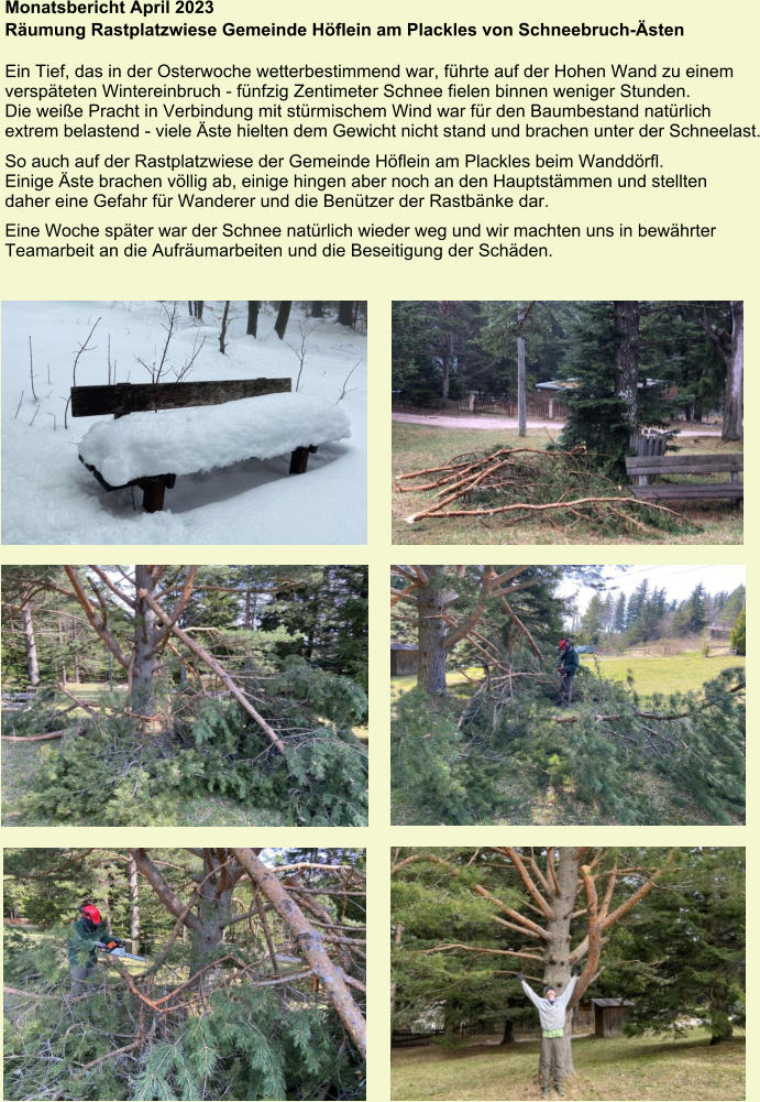 Monatsbericht April 2023 Räumung Rastplatzwiese Gemeinde Höflein am Plackles von Schneebruch-Ästen   Ein Tief, das in der Osterwoche wetterbestimmend war, führte auf der Hohen Wand zu einem verspäteten Wintereinbruch - fünfzig Zentimeter Schnee fielen binnen weniger Stunden. Die weiße Pracht in Verbindung mit stürmischem Wind war für den Baumbestand natürlich extrem belastend - viele Äste hielten dem Gewicht nicht stand und brachen unter der Schneelast. So auch auf der Rastplatzwiese der Gemeinde Höflein am Plackles beim Wanddörfl. Einige Äste brachen völlig ab, einige hingen aber noch an den Hauptstämmen und stellten daher eine Gefahr für Wanderer und die Benützer der Rastbänke dar. Eine Woche später war der Schnee natürlich wieder weg und wir machten uns in bewährter Teamarbeit an die Aufräumarbeiten und die Beseitigung der Schäden.
