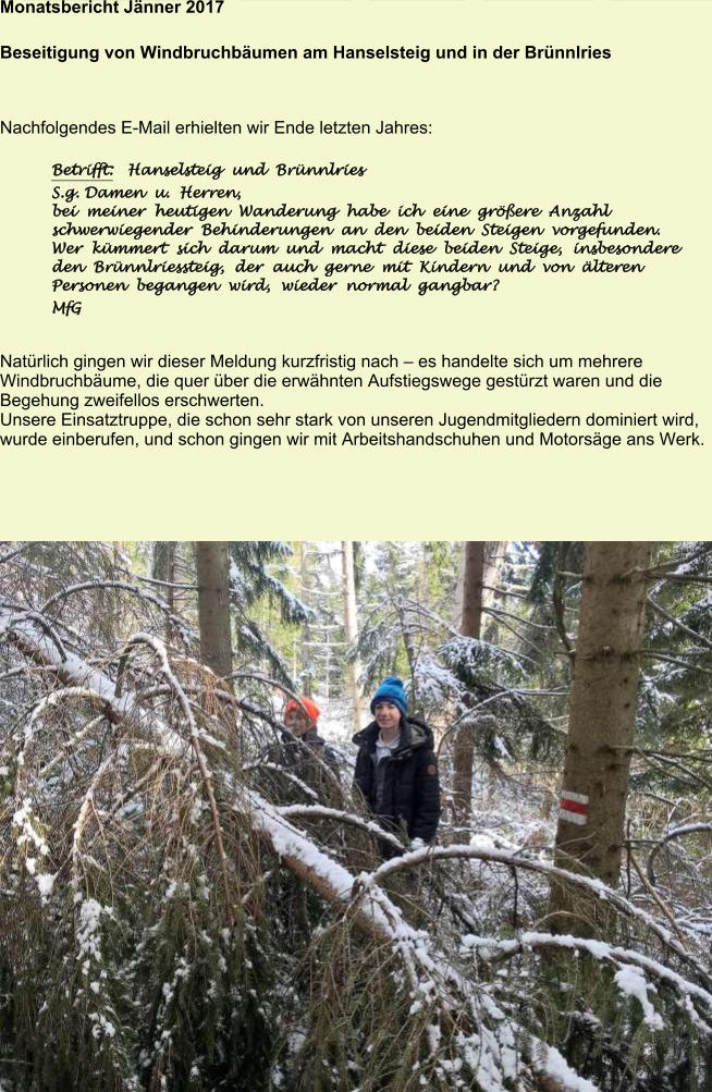 Monatsbericht Jänner 2017  Beseitigung von Windbruchbäumen am Hanselsteig und in der Brünnlries   Nachfolgendes E-Mail erhielten wir Ende letzten Jahres:  Betrifft:   Hanselsteig  und  Brünnlries  S.g. Damen  u.  Herren, bei  meiner  heutigen  Wanderung  habe  ich  eine  größere  Anzahl schwerwiegender  Behinderungen  an  den  beiden  Steigen  vorgefunden. Wer  kümmert  sich  darum  und  macht  diese  beiden  Steige,  insbesondere den  Brünnlriessteig,  der  auch  gerne  mit  Kindern  und  von  älteren Personen  begangen  wird,  wieder  normal  gangbar? MfG  Natürlich gingen wir dieser Meldung kurzfristig nach – es handelte sich um mehrere Windbruchbäume, die quer über die erwähnten Aufstiegswege gestürzt waren und die Begehung zweifellos erschwerten. Unsere Einsatztruppe, die schon sehr stark von unseren Jugendmitgliedern dominiert wird, wurde einberufen, und schon gingen wir mit Arbeitshandschuhen und Motorsäge ans Werk.